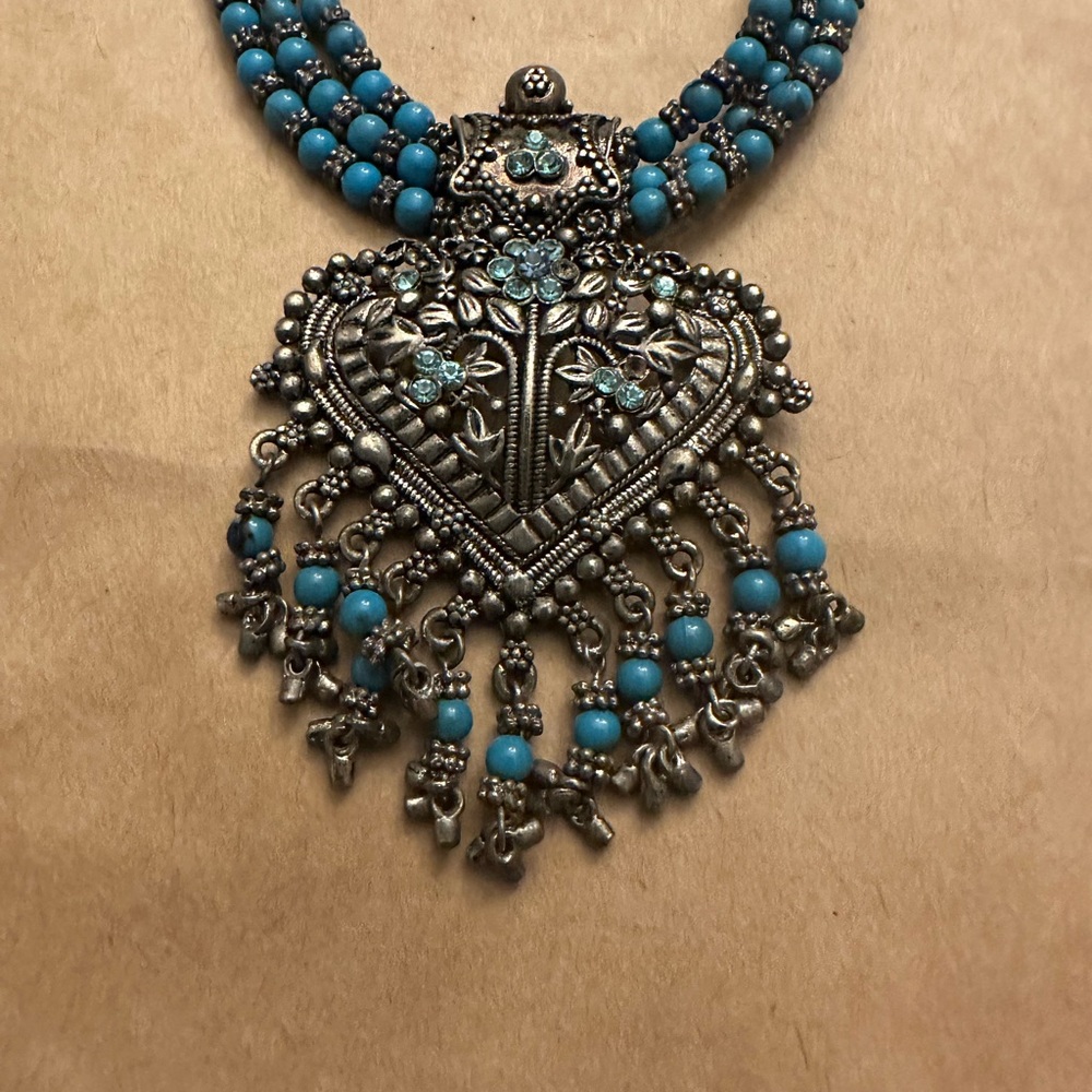 Antique Necklace -Turquoise Beaded Silver-Tone Heart Pendant Necklace -  Jewelry